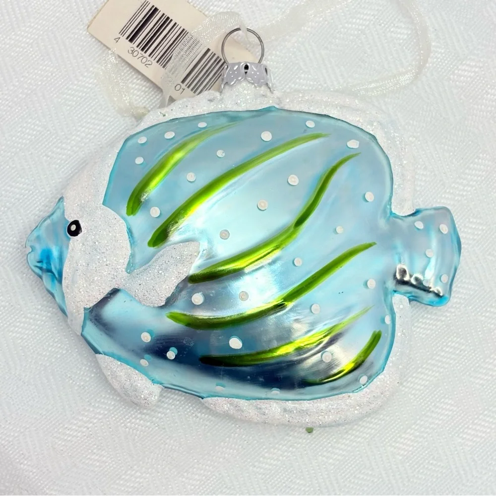 Vibrant Frosty blue and green glass blown Fish Christmas Ornament